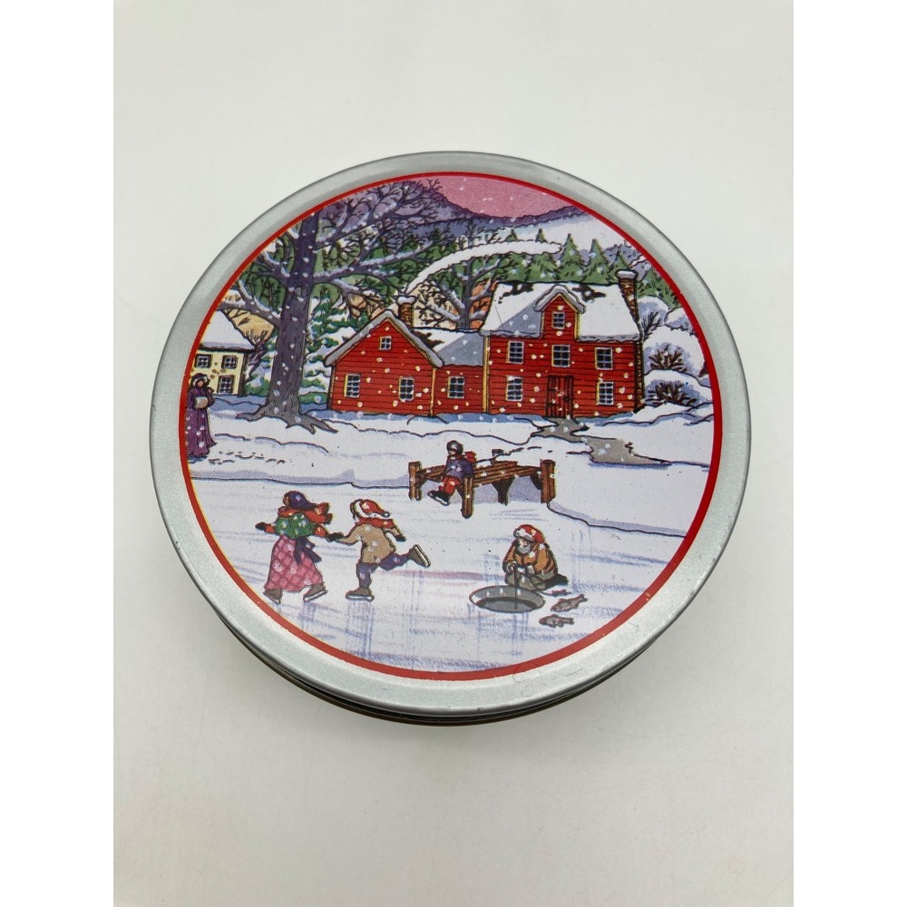 Vintage Christmas Coasters Set of 6 Tin Storage Box Winter Ice Skating Cork Back
